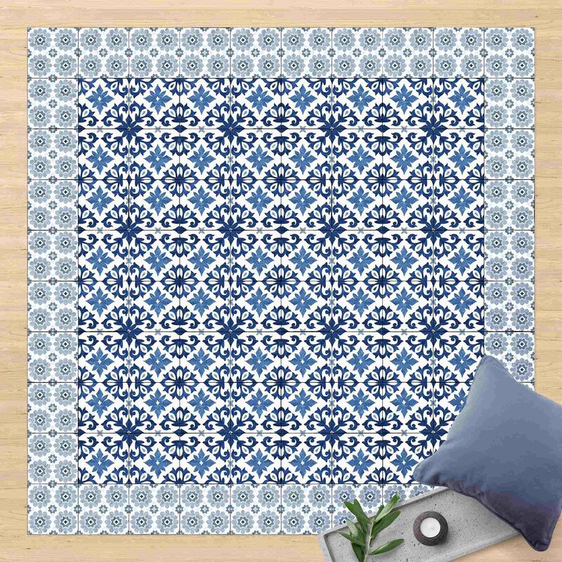 

Bilderwelten - Alfombras vinílicas - Moroccan Tiles Floral Blueprint With Tile Frame - Cuadrado 1:1 Dimensión LxA: 120cm x 120cm