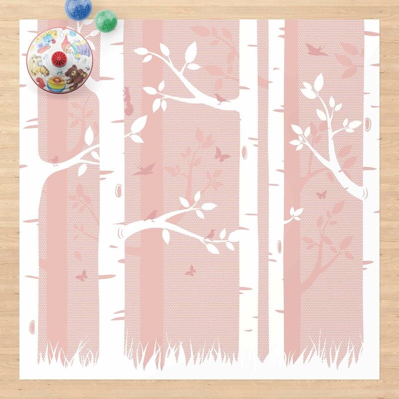 

Bilderwelten - Alfombras vinílicas - Pink Birch Forest With Butterflies And Birds - Cuadrado 1:1 Dimensión LxA: 120cm x 120cm