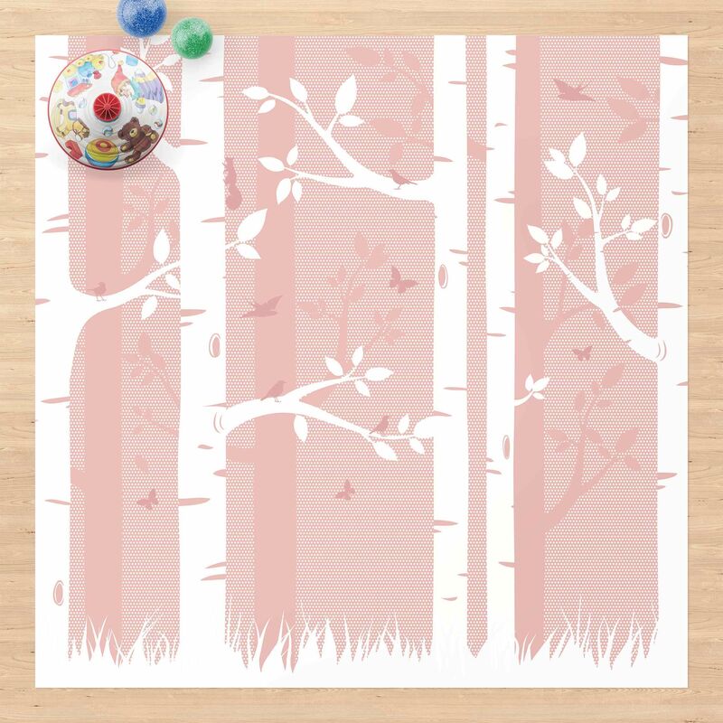 

Bilderwelten - Alfombras vinílicas - Pink Birch Forest With Butterflies And Birds - Cuadrado 1:1 Dimensión LxA: 140cm x 140cm