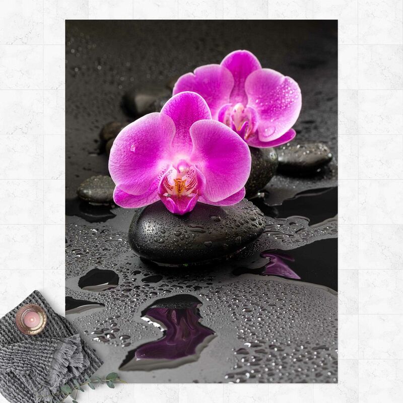 

Alfombras vinílicas - Pink Orchid Flower On Stones With Drops - Alto 4:3 Dimensión LxA: 140cm x 105cm