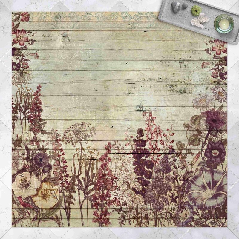 

Alfombras vinílicas - Vintage Flowers Wood Look - Cuadrado 1:1 Dimensión LxA: 80cm x 80cm