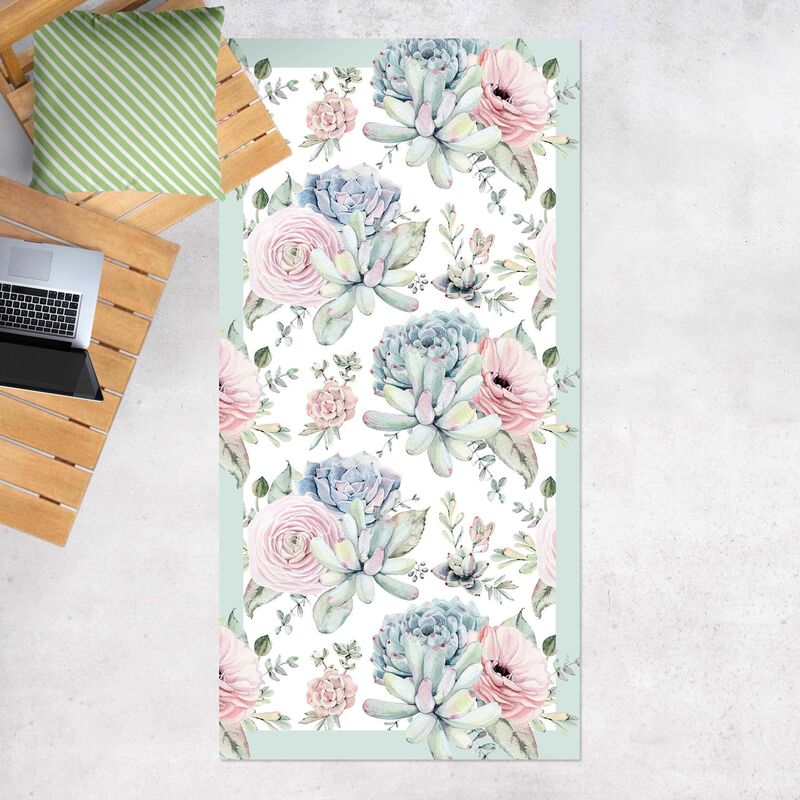 

Bilderwelten - Alfombras vinílicas - Watercolour Flower Bouquet With Succulents and Frame - Alto 2:1 Dimensión LxA: 280cm x 140cm