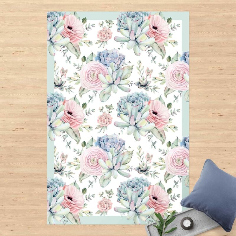 

Alfombras vinílicas - Watercolour Flower Bouquet With Succulents and Frame - Alto 3:2 Dimensión LxA: 210cm x 140cm