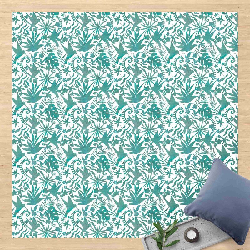 

Bilderwelten - Alfombras vinílicas - Watercolour Hummingbird And Plant Silhouettes Pattern In Turquoise - Cuadrado 1:1 Dimensión LxA: 140cm x 140cm