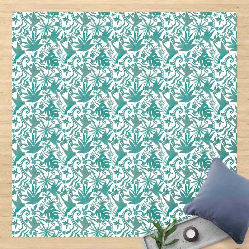 

Alfombras vinílicas - Watercolour Hummingbird And Plant Silhouettes Pattern In Turquoise - Cuadrado 1:1 Dimensión LxA: 80cm x 80cm