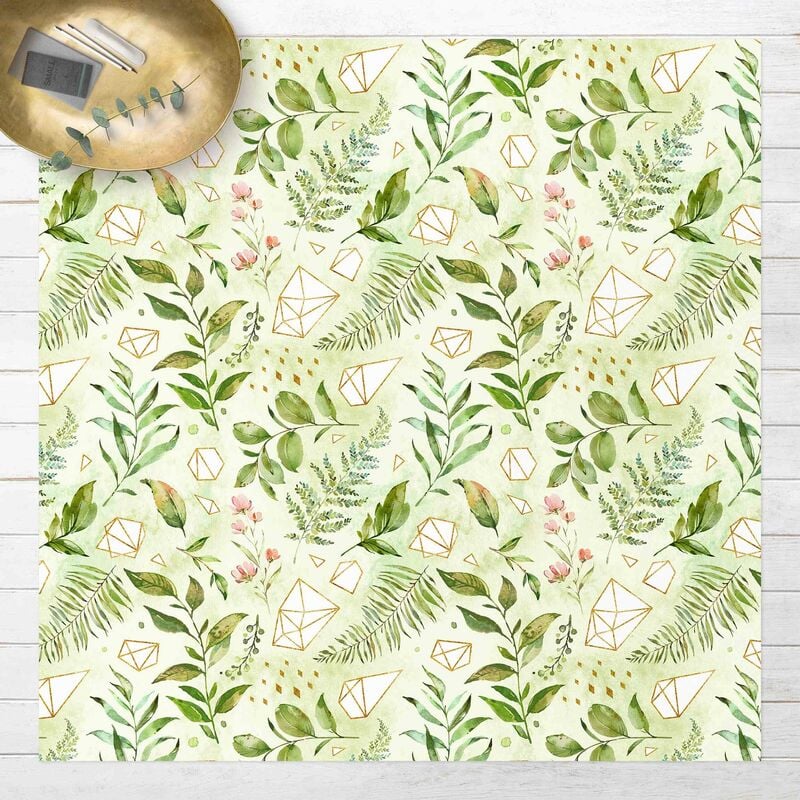

Alfombras vinílicas - Watercolour Leaves With Golden Crystals - Cuadrado 1:1 Dimensión LxA: 100cm x 100cm
