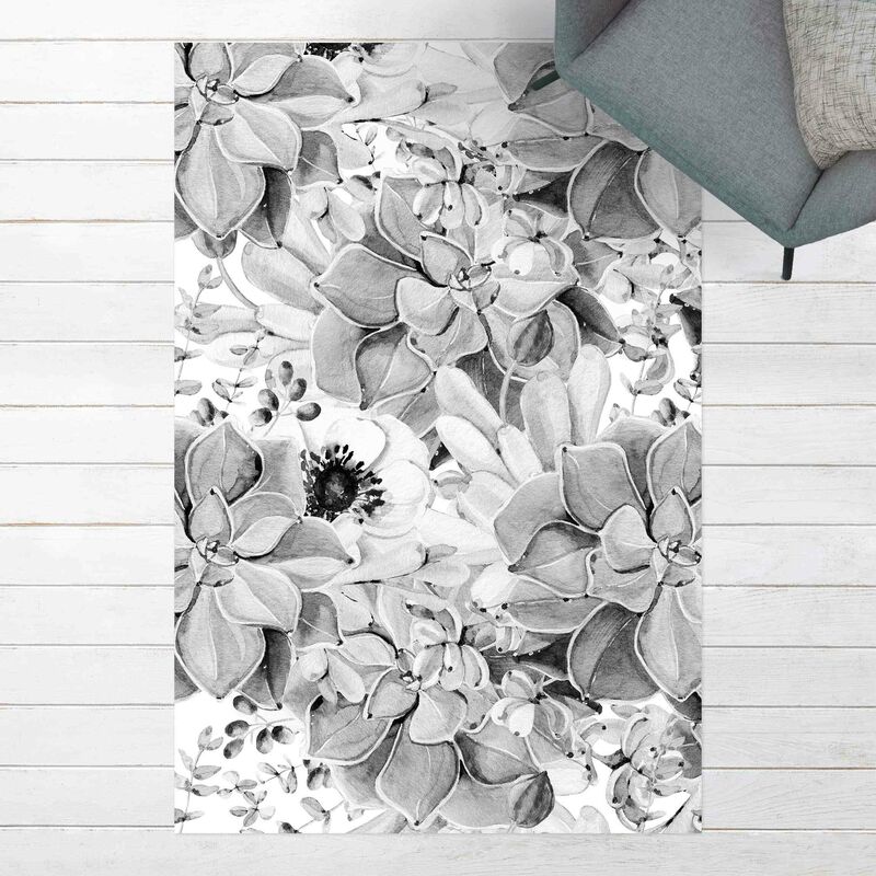 

Alfombras vinílicas - Watercolour Succulent With Flower In Black And White - Alto 3:2 Dimensión LxA: 180cm x 120cm