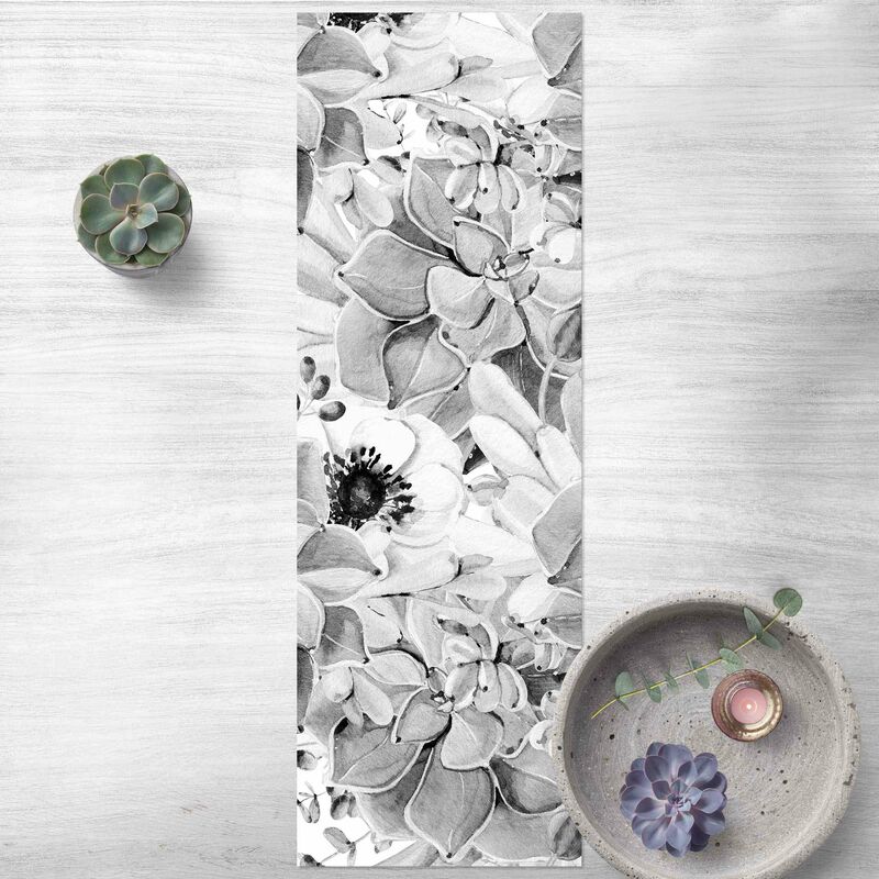 

Alfombras vinílicas - Watercolour Succulent With Flower In Black And White - Panorámico Dimensión LxA: 210cm x 70cm