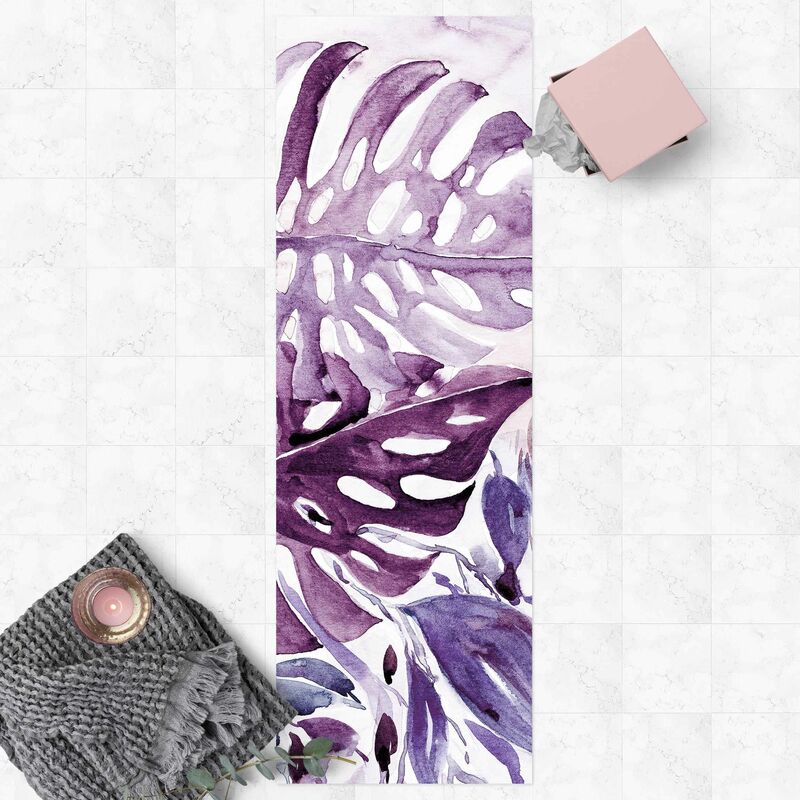

Alfombras vinílicas - Watercolour Tropical Leaves With Monstera In Aubergine - Panorámico Dimensión LxA: 210cm x 70cm