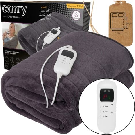 Camry CR 7418 Manta Eléctrica Cama XL, Medidas 160x180 cm, 7 Niveles Temperatura, Temporizador, Lavable, Polar 120W Gris