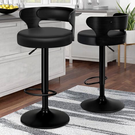 ALFORDSON 2 x Comfy Bar stools PU Leather, 360 Degree Swivel Wooden Kitchen Chair, All Black