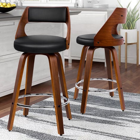 ALFORDSON 2 x Thick Padded Bar stools PU Leather, Wooden Kitchen Chair, Black