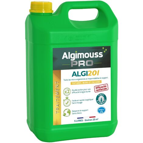 Algimouss – Traitement et imperméabilisant toitures, murs, façades – 5 litres – Antimousse pour supports absorbants – 88001