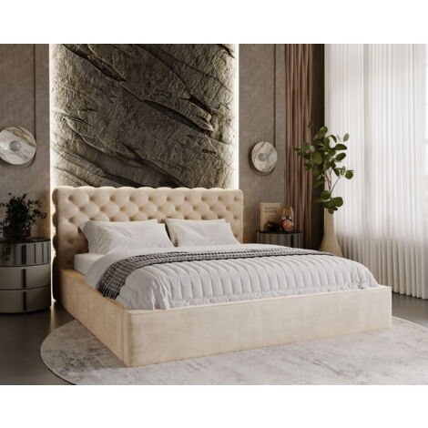 Ali Lit double 140x200 - Lit glamour, Lit coffre, sommier à lattes, Tissu velvet Beige (Magic Velvet 2201)