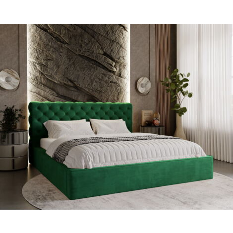 Ali Lit double 200x200 - Lit glamour, Lit coffre, sommier à lattes, Tissu velvet Vert (Magic Velvet 2225)