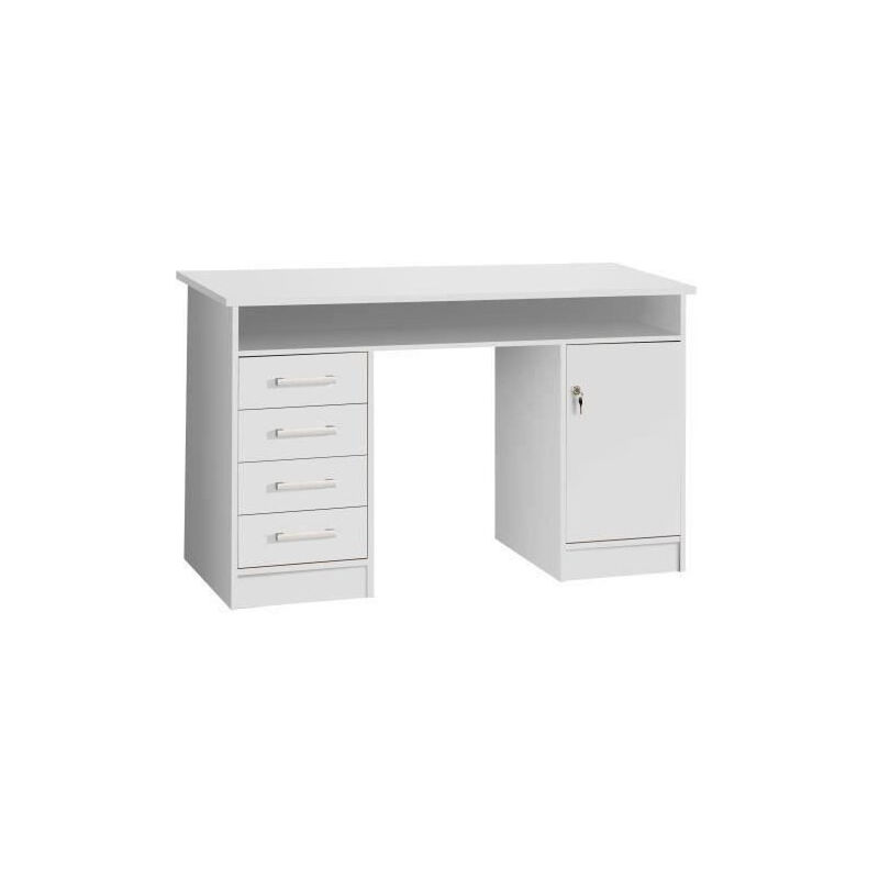 Les Tendances - alicante Bureau a cles, 1 porte, 4 tiroirs - Decor papier blanc - l 126 x p 55 x h 76 cm