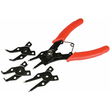 Alicates 4 en 1 con puntas intercambiables para anillos Seeger o circlip. Herramienta resistente y versátil para talleres y bricolaje.