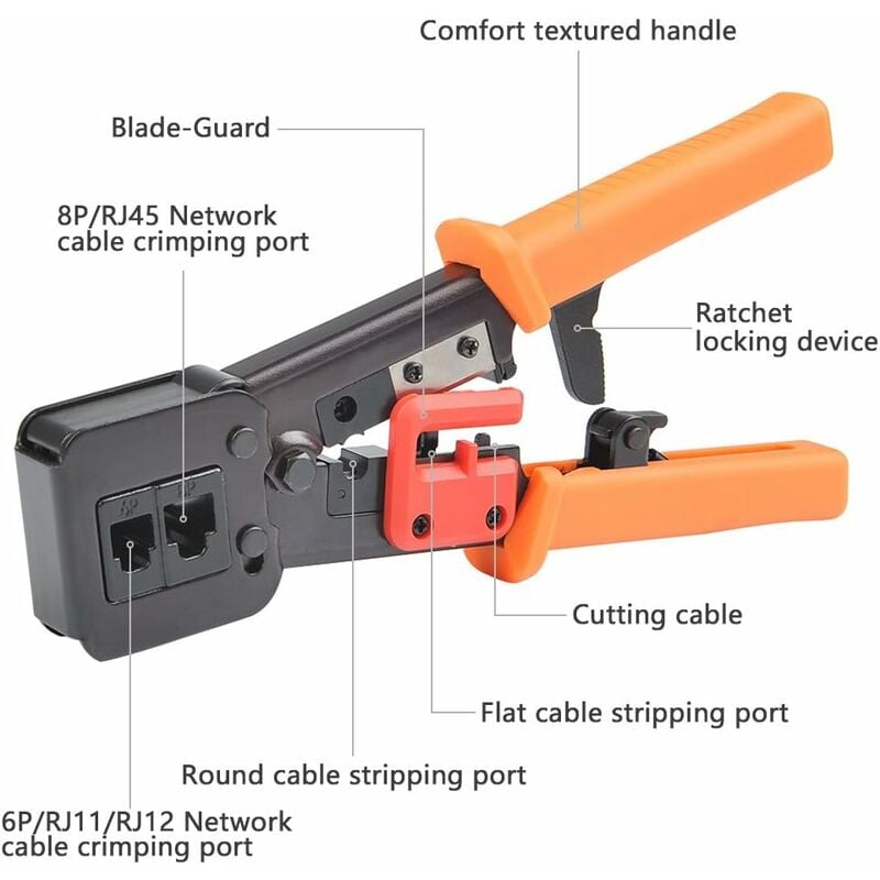 

Alicates de crimpado RJ45 para cables de red y telefónicos RJ11 / RJ12 Alicates de crimpado modulares de telecomunicaciones 3 en 1 Alicates de