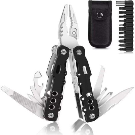 Alicates multifuncionales, navaja suiza 25 en 1, navaja de bolsillo con 11 puntas de destornillador, mango ergonómico – Negro