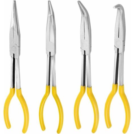 Alicates rectos y de punta larga de 4 piezas y 11" con mango suave, incluye alicates curvos de 0°, 25°, 45° y 90°.