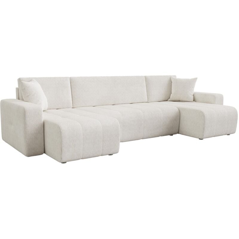 Mobilier Deco - alicia - Canapé panoramique convertible avec coffre en velours côtelé beige