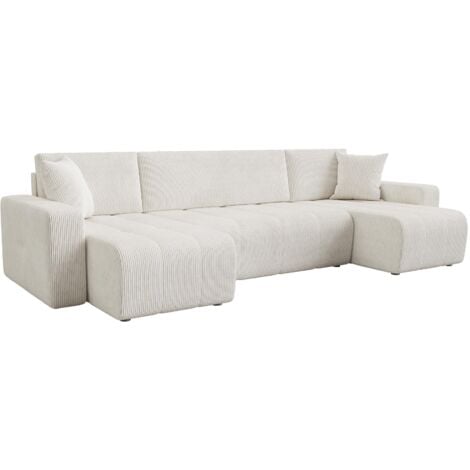 MOBILIER DECO ALICIA - Canapé panoramique convertible avec coffre en velours côtelé beige