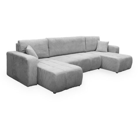 MOBILIER DECO ALICIA - Canapé panoramique convertible avec coffre en velours côtelé gris clair