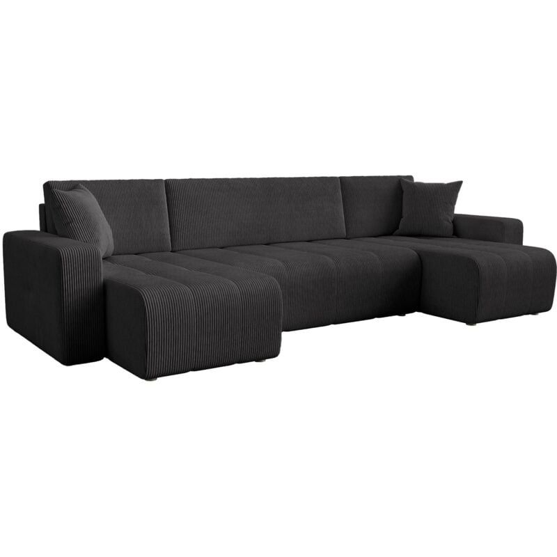 ALICIA - Canapé panoramique convertible avec coffre en velours côtelé gris foncé