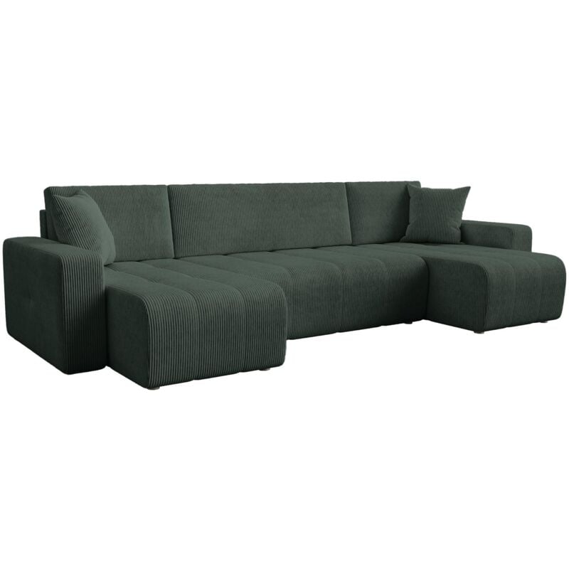 Mobilier Deco - alicia - Canapé panoramique convertible avec coffre en velours côtelé vert