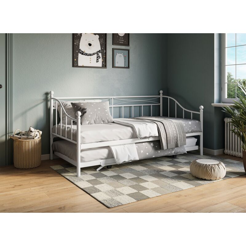 ALICIA - Lit banquette gigogne en métal blanc ALICIA 90 x 190 cm