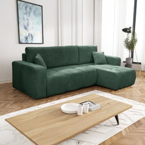 MOBILIER DECO ALICIA MINI - Canapé d'angle convertible et réversible avec coffre en velours côtelé vert