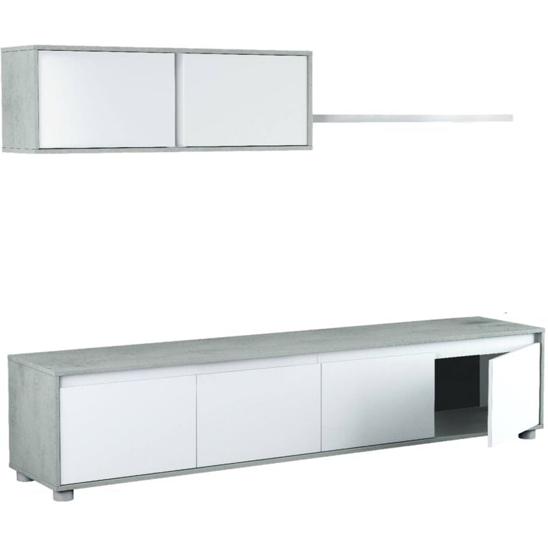 Parete attrezzata, Mobile da soggiorno porta tv, Composizione set salotto, Set salotto con pensile, cm 200x41h43, Bianco e Cemento