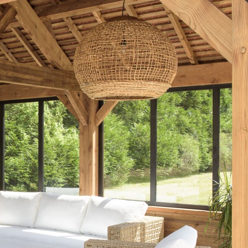 Macabane - sixtine - Suspension 'boule' 83x83cm en abaca couleur naturelle et teck