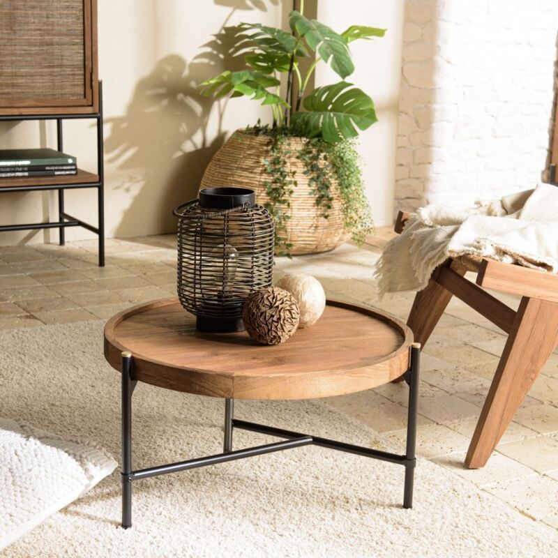 Macabane - alida - Table basse ronde 58x58cm plateau en teck recyclé