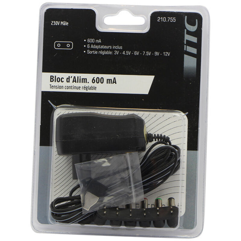 Alimentation 600ma stabilisee sortie 3v 4.5v 6v 7.5v 9v 12v Itc 308402