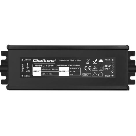 Alimentation à découpage LED Qoltec IP67  60 W  12 V  5 A  Étanche  Noir