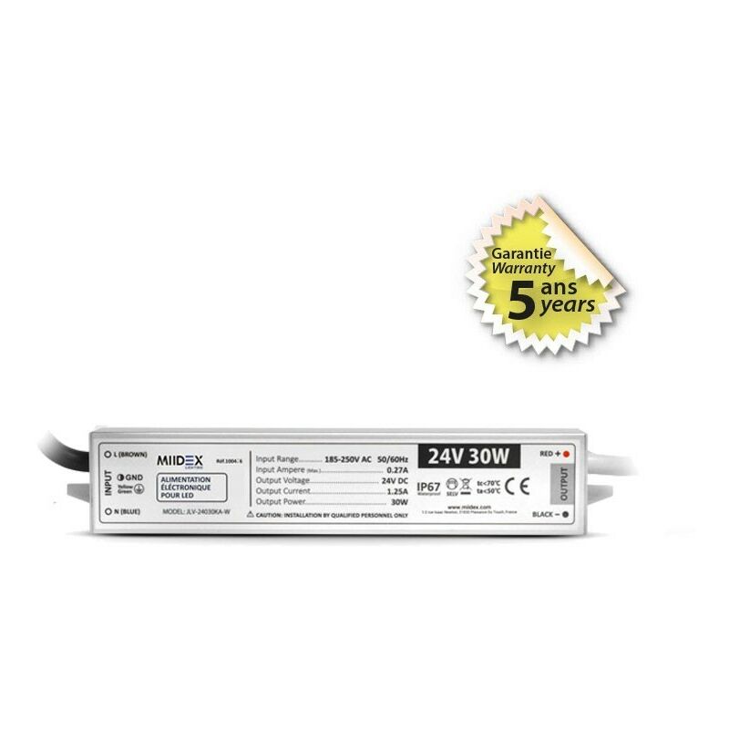 Transformateur led 30W 24 Volts dc IP67 Miidex Lighting®