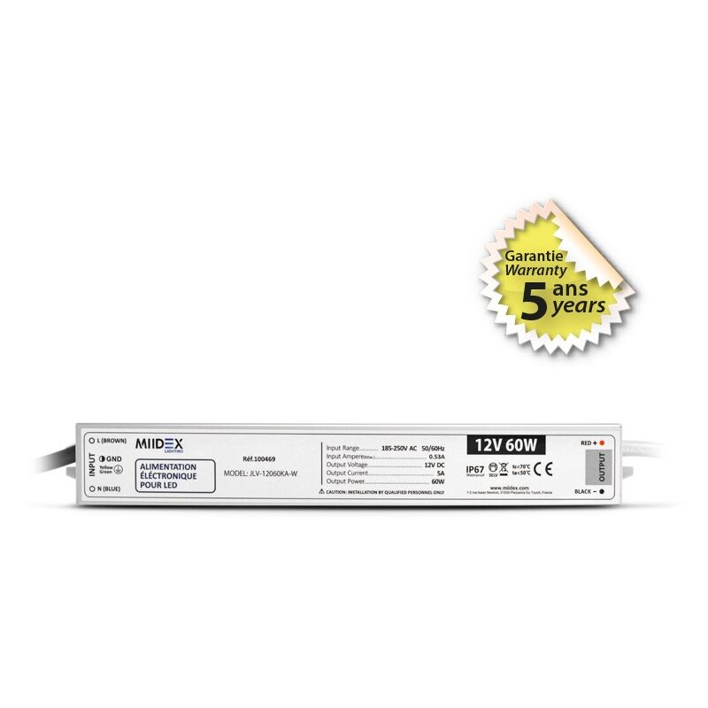 Transformateur led 60W 12 Volts dc IP67 Miidex Lighting®