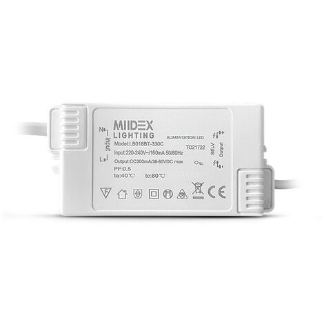 Alimentation LED 18W/36-60VDC CC300mA Miidex Lighting®