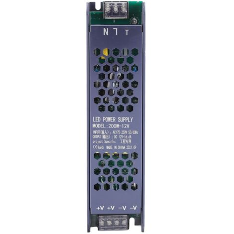 Alimentation LED 200W Noir pour Bandes Lumineuses Longues, Transformateur 12V 16.6A AC175-250V