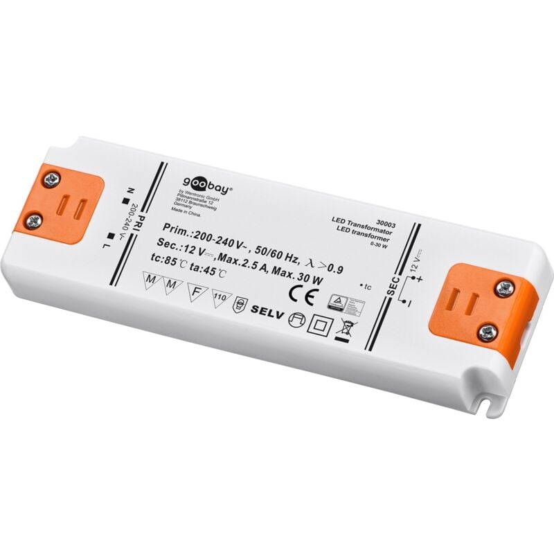 Transformateur led 12 v (dc), 30 w, pour LEDs jusqu'à 30 w de charge totale et tension continue de 12 v (dc).