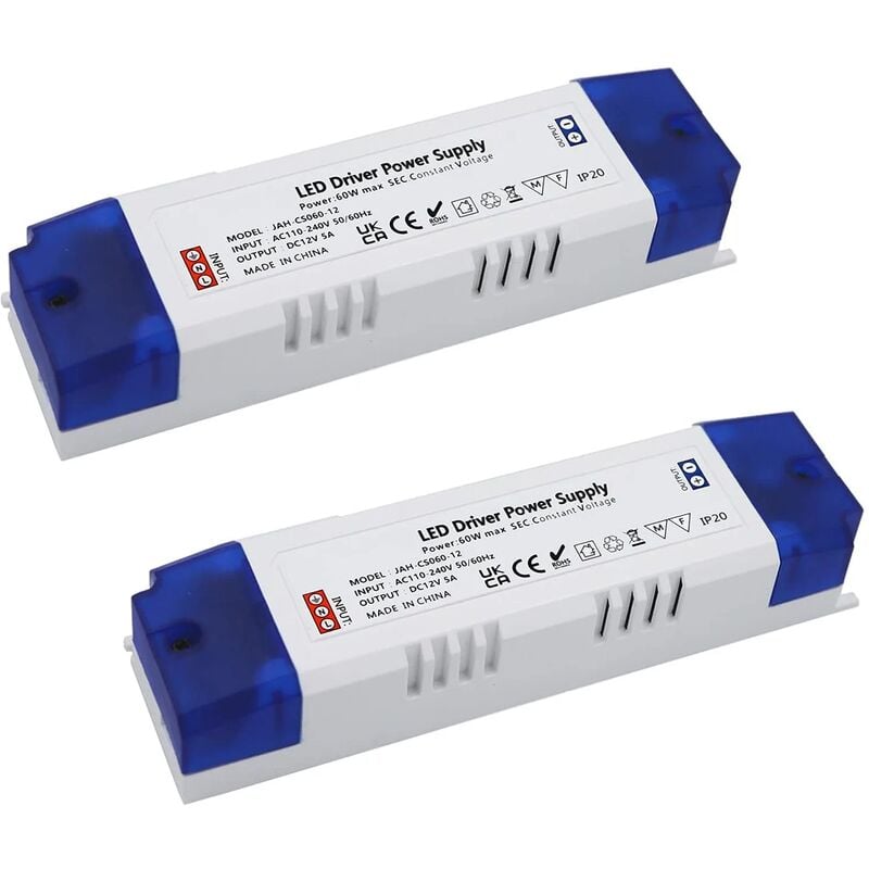 Alimentation led 5A 60W, Transformateur led 60W led Driver dc 12V 5A, Alimentation à commutation régulé cc ac universelle 2pc