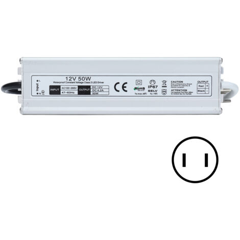 Alimentation LED étanche IP67 100‑265V 50W pour bandeaux lumineux, transformateur 12V avec prise US