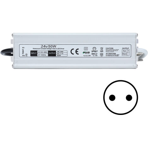 Alimentation LED étanche IP67 100‑265V, transformateur 50W pour bandeaux lumineux 24V, prise EU