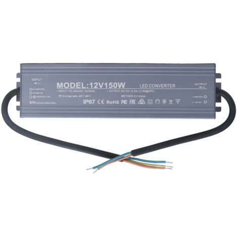 Alimentation LED étanche IP67 150W 12V 12.5A pour bande LED, transformateur 170-265V AC/DC