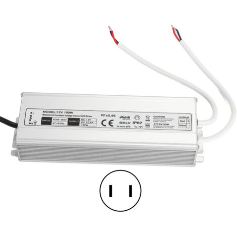 Alimentation LED étanche IP67 150W 12V - Transformateur à tension constante 85-265V AC - Adaptateur secteur US - Sortie 0-12.5A