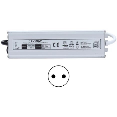 Alimentation LED étanche IP67, haute efficacité, sûre et stable avec protections multiples. Entrée AC 100-265V, prise EU, sortie 12V.