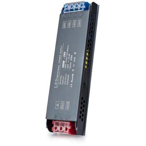 Alimentation LED Transformateur 300W Ultra Mince 12,5A 24V DC - Adaptateur AC/DC 220V - Coque Aluminium - 5x2,4x20,5cm