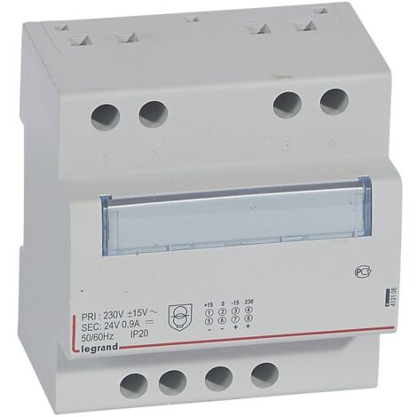 Alimentation monophasée redressée filtrée entrée 230V et sortie 24V 21,5W 0,9A 5 modules LEGRAND 413108