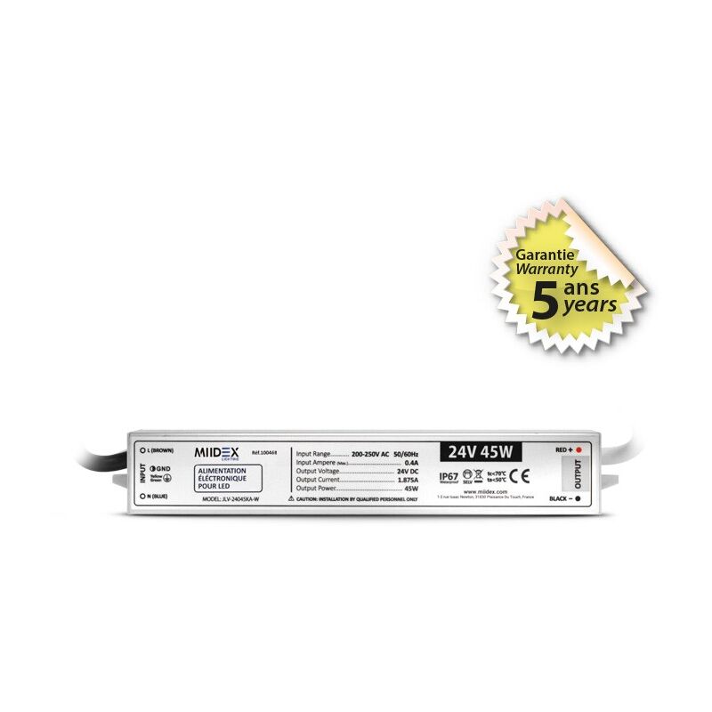 Transformateur led 45W 24 Volts dc IP67 Miidex Lighting®